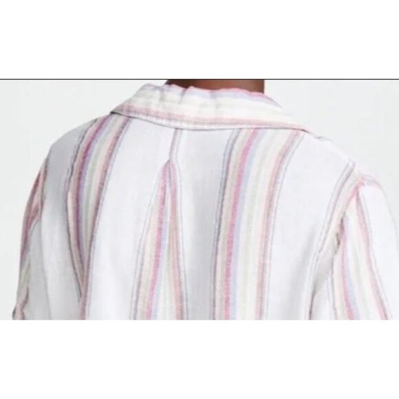 Rails Linen Blend Shirt M Crop Gold Trimmed Striped Gauzy Coastal Fairy Pastel - Picture 5 of 13